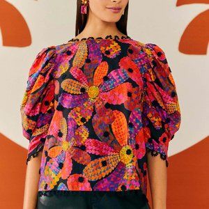 Farm Rio Black Heart Daisy Blouse with Hearts L